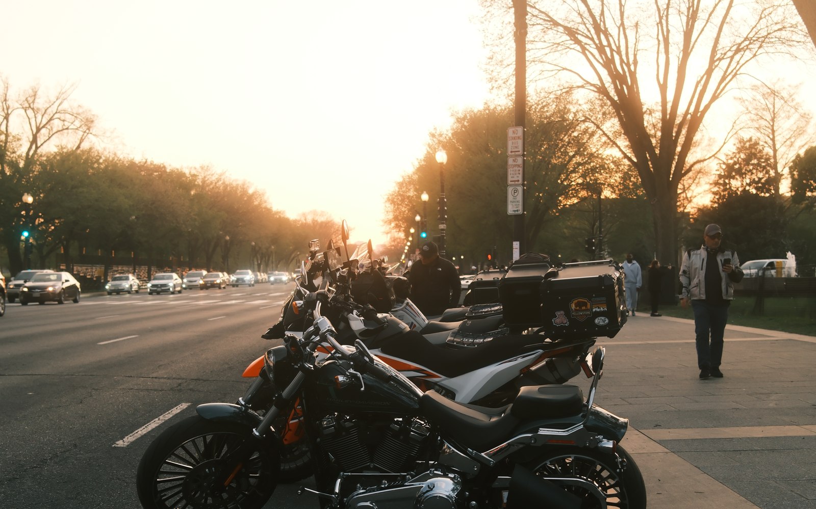 Motorcycles parked along the National Mall in Washington DC at sunset