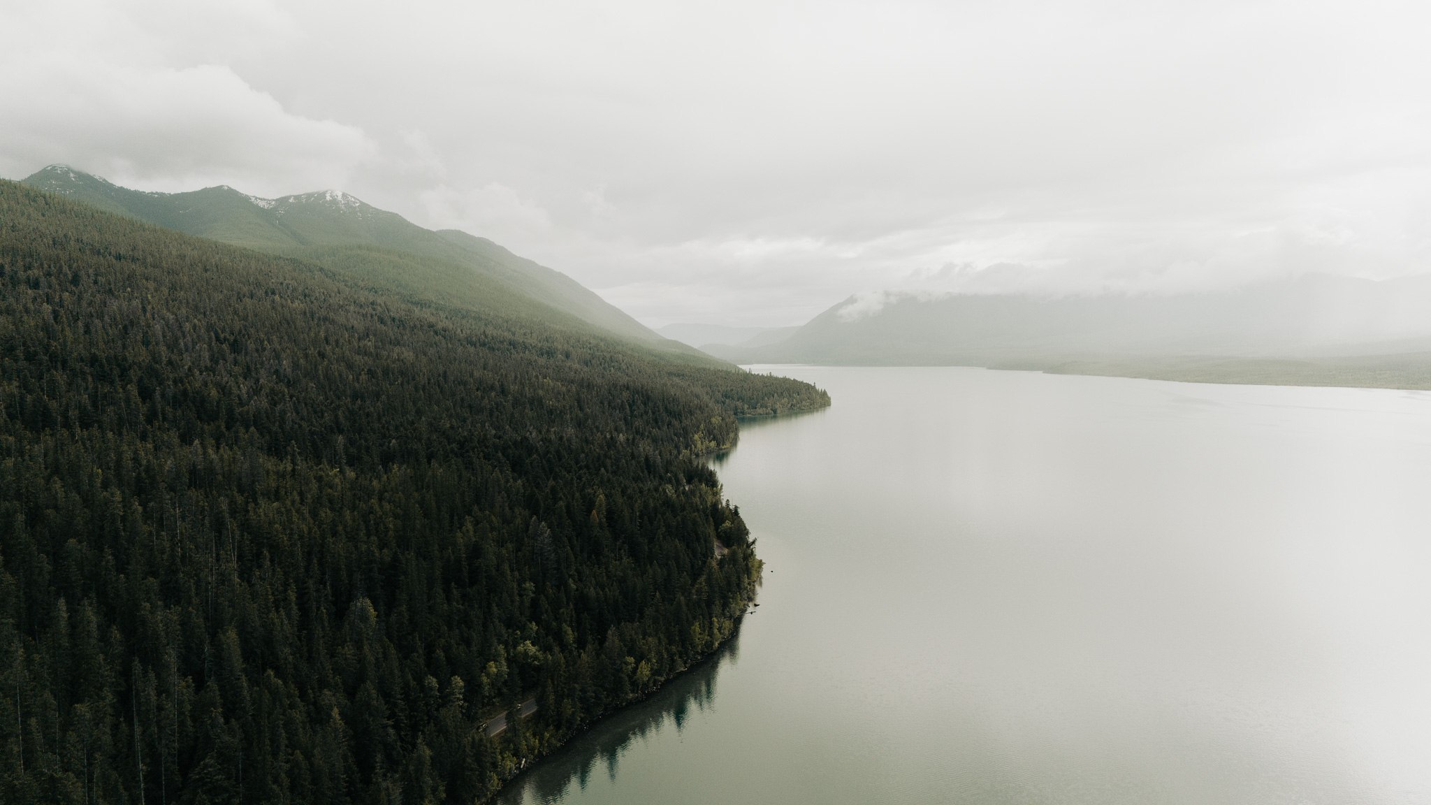 Aerial view of a lake in Glacier National Park