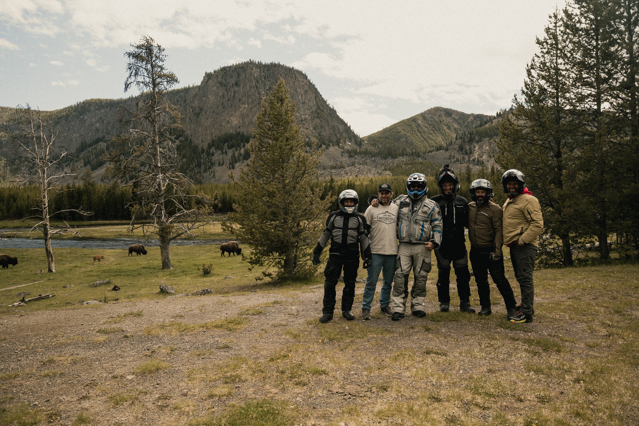 Riders with bison grazing nearby in Yellowstone National Park